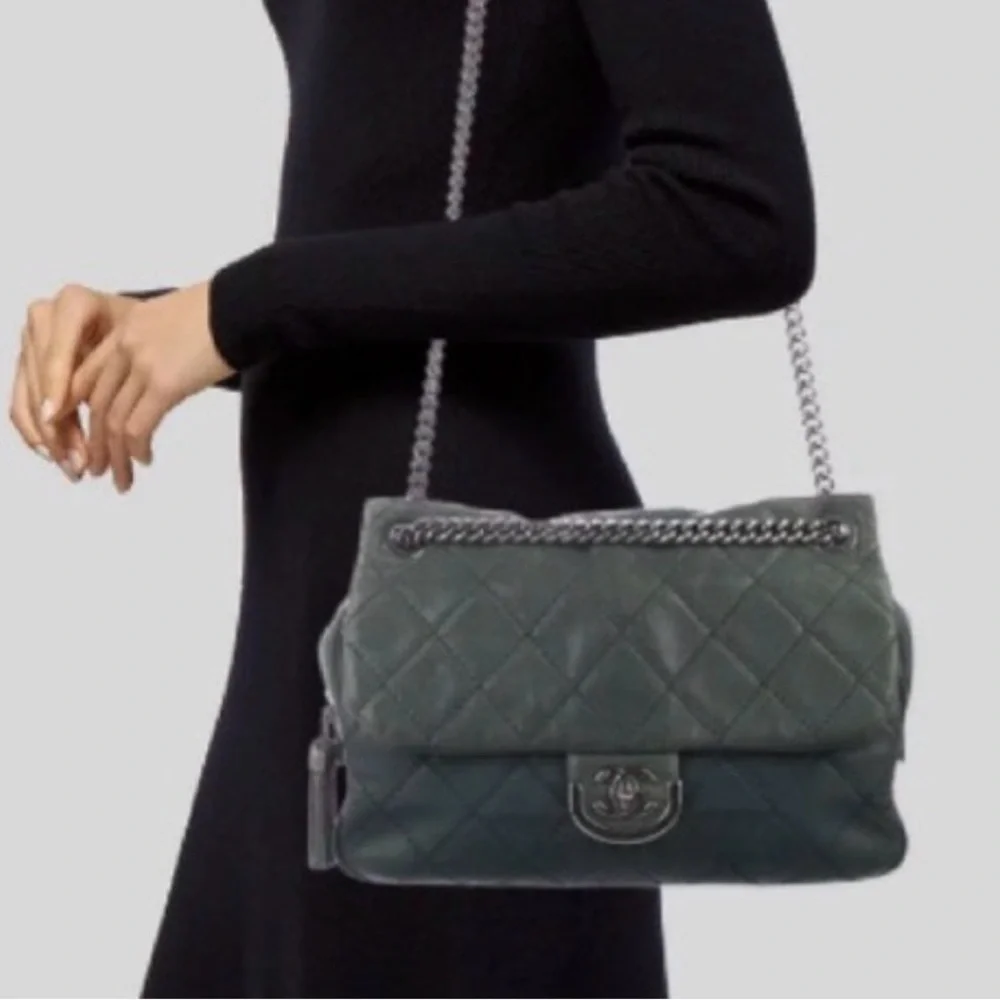 CHANEL Dark Green Quilted Shoulder Bag
